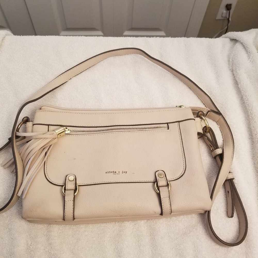 Olivia + Joy New York Beige Faux Leather Tassel Crossbody Bag Gold Hardware